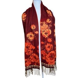 V. FRAAS Cashmink Scarf Red Floral 100% Acrylic Fringed Made in Germany Soft EUC